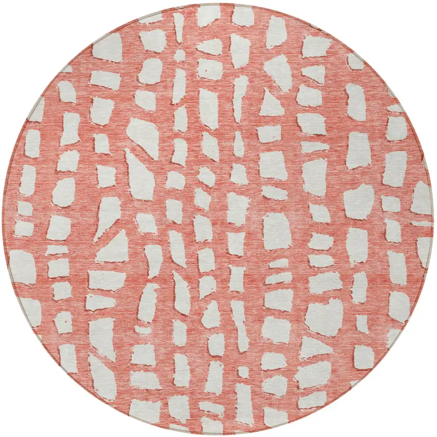 8' Salmon And Ivory Round Abstract Washable Indoor Outdoor Area Rug Photo 6