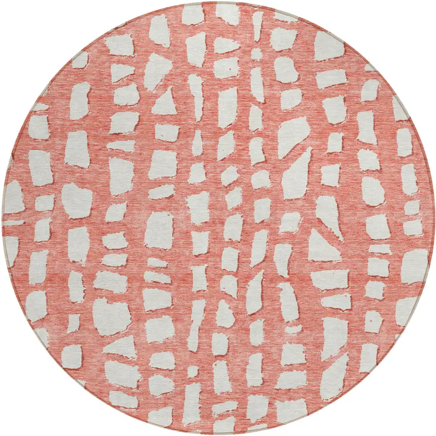 8' Salmon And Ivory Round Abstract Washable Indoor Outdoor Area Rug Photo 1