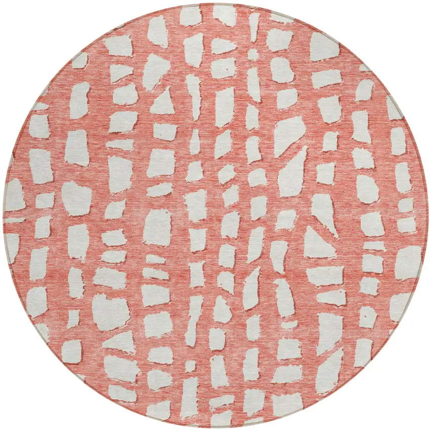 8' Salmon And Ivory Round Abstract Washable Indoor Outdoor Area Rug Photo 1