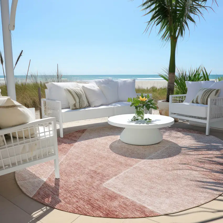 8' Salmon And Ivory Round Abstract Washable Indoor Outdoor Area Rug Photo 6