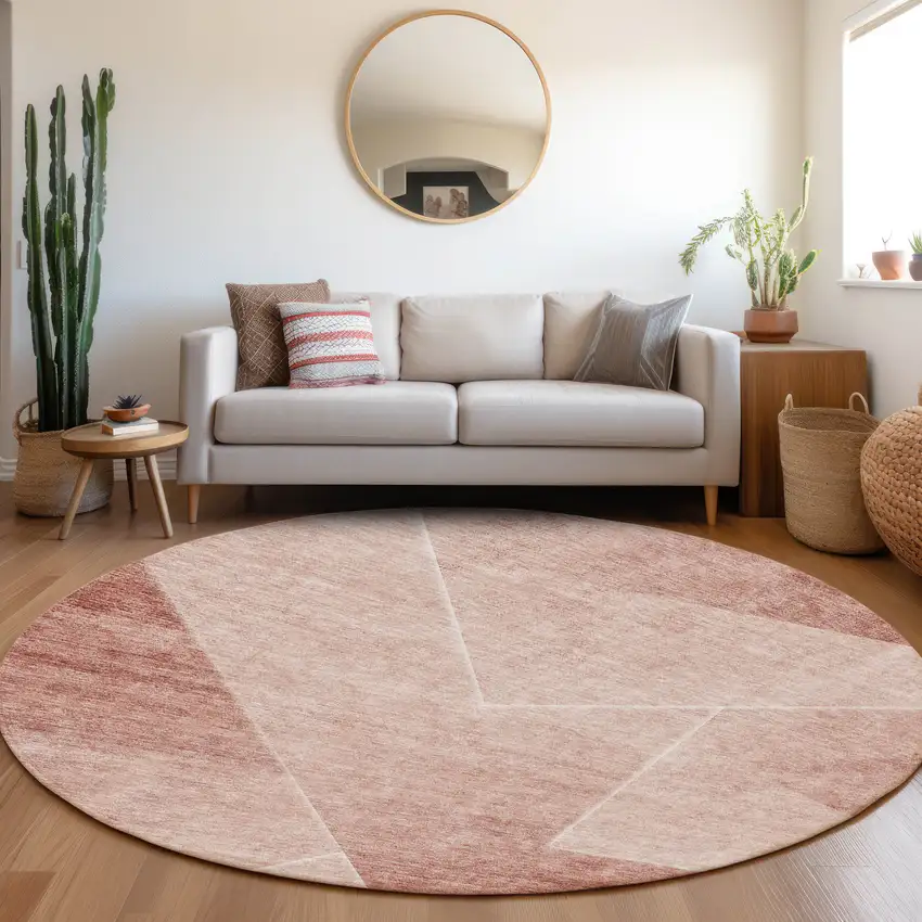 8' Salmon And Ivory Round Abstract Washable Indoor Outdoor Area Rug Photo 7