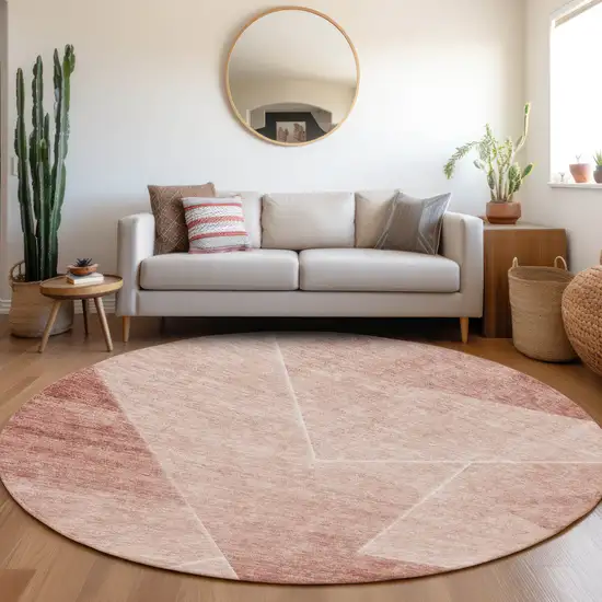 8' Salmon And Ivory Round Abstract Washable Indoor Outdoor Area Rug Photo 7