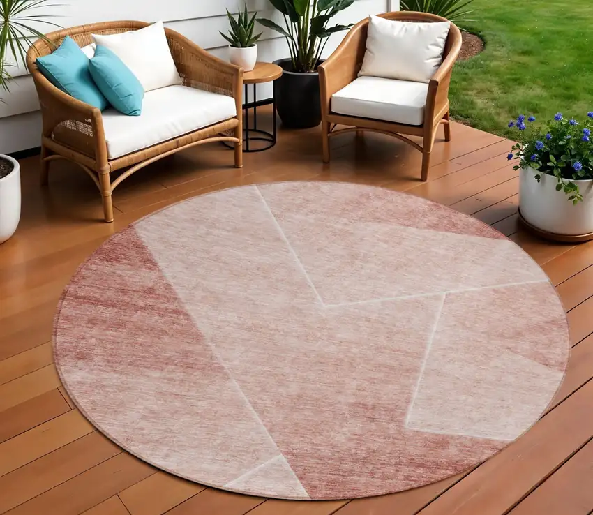 8' Salmon And Ivory Round Abstract Washable Indoor Outdoor Area Rug Photo 1