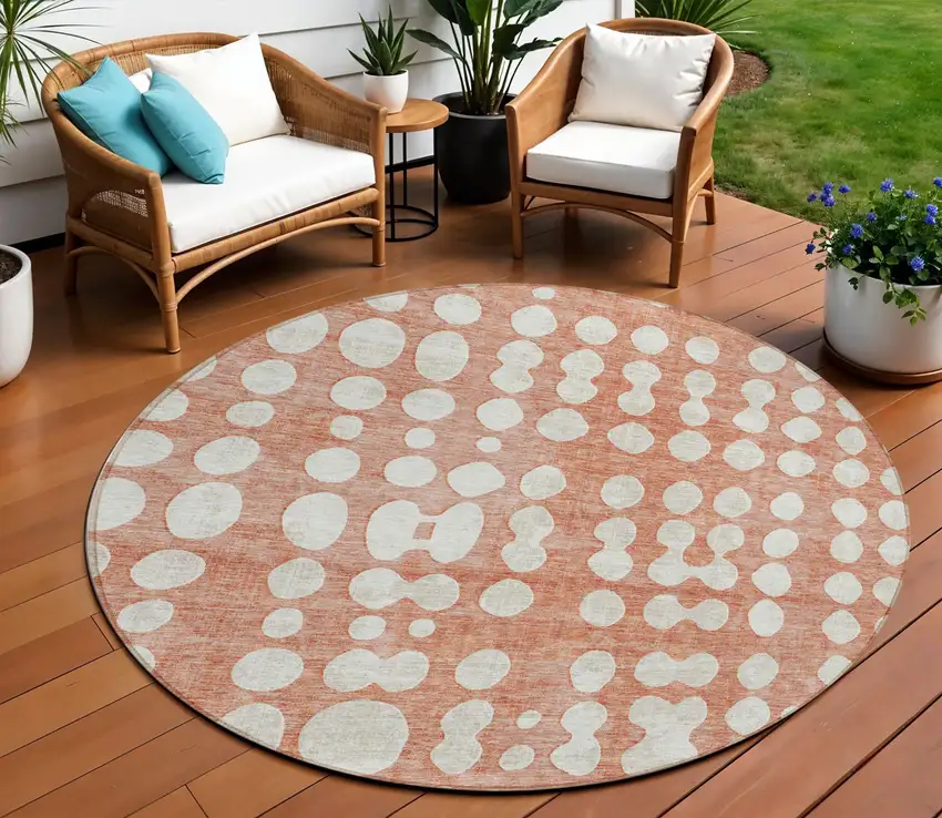 8' Salmon And Ivory Round Abstract Washable Indoor Outdoor Area Rug Photo 1