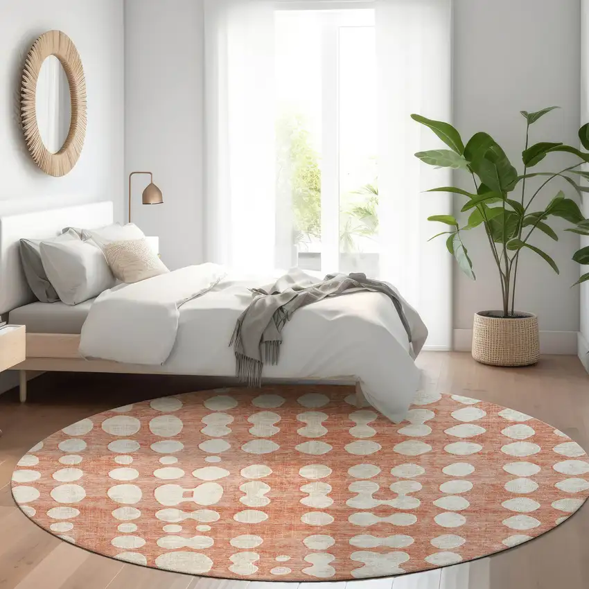 8' Salmon And Ivory Round Abstract Washable Indoor Outdoor Area Rug Photo 8
