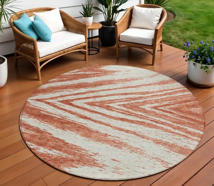 8' Salmon And Ivory Round Abstract Washable Indoor Outdoor Area Rug Photo 1