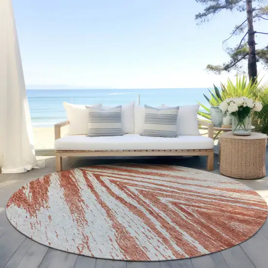 8' Salmon And Ivory Round Abstract Washable Indoor Outdoor Area Rug Photo 6