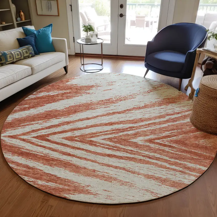 8' Salmon And Ivory Round Abstract Washable Indoor Outdoor Area Rug Photo 7