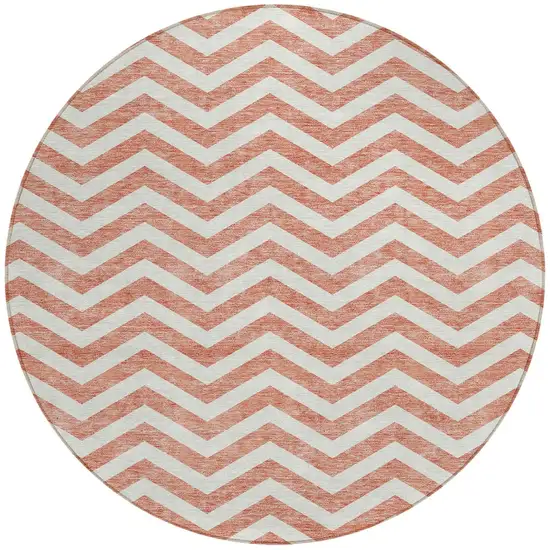 8' Salmon And Ivory Round Chevron Washable Indoor Outdoor Area Rug Photo 6