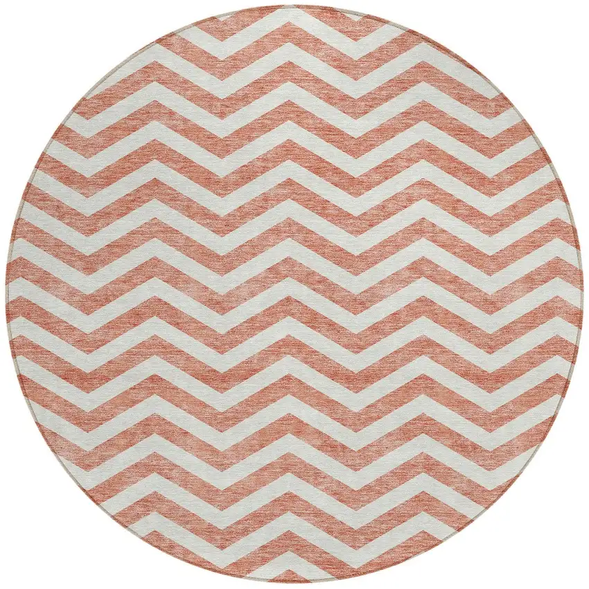8' Salmon And Ivory Round Chevron Washable Indoor Outdoor Area Rug Photo 6