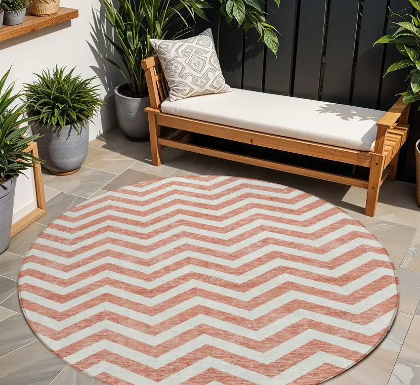 8' Salmon And Ivory Round Chevron Washable Indoor Outdoor Area Rug Photo 1