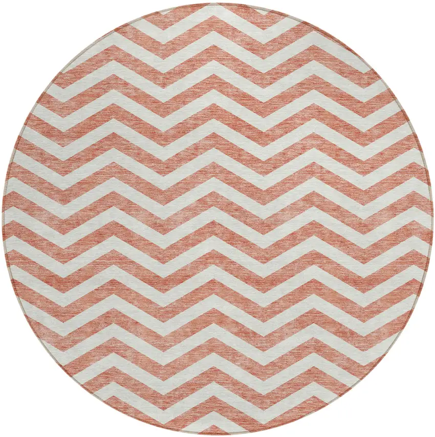 8' Salmon And Ivory Round Chevron Washable Indoor Outdoor Area Rug Photo 2
