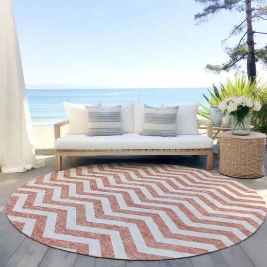 8' Salmon And Ivory Round Chevron Washable Indoor Outdoor Area Rug Photo 7
