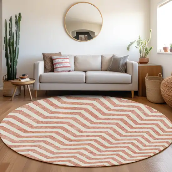 8' Salmon And Ivory Round Chevron Washable Indoor Outdoor Area Rug Photo 8