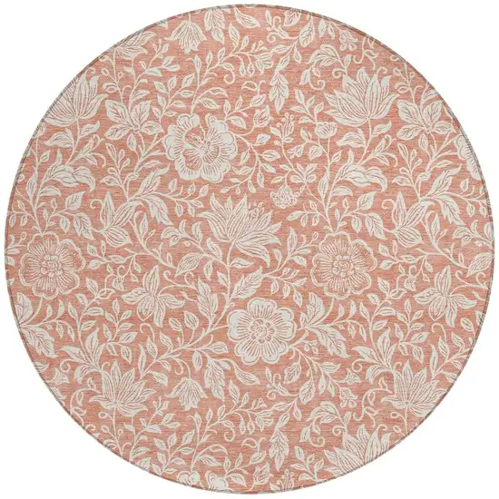 8' Salmon And Ivory Round Floral Washable Indoor Outdoor Area Rug Photo 3