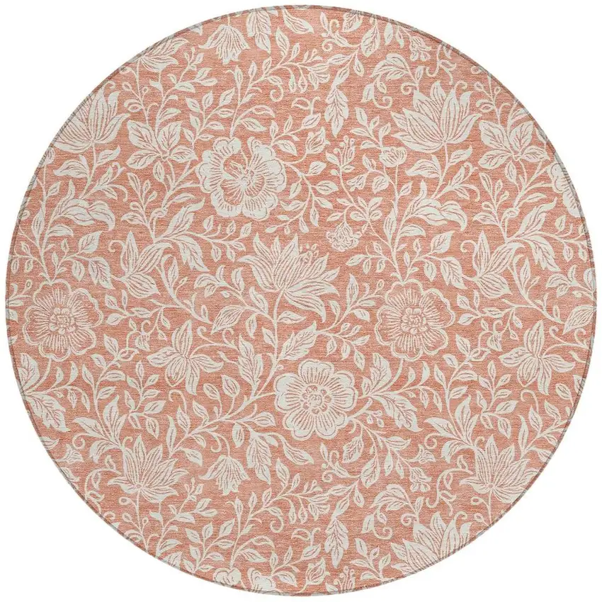 8' Salmon And Ivory Round Floral Washable Indoor Outdoor Area Rug Photo 3