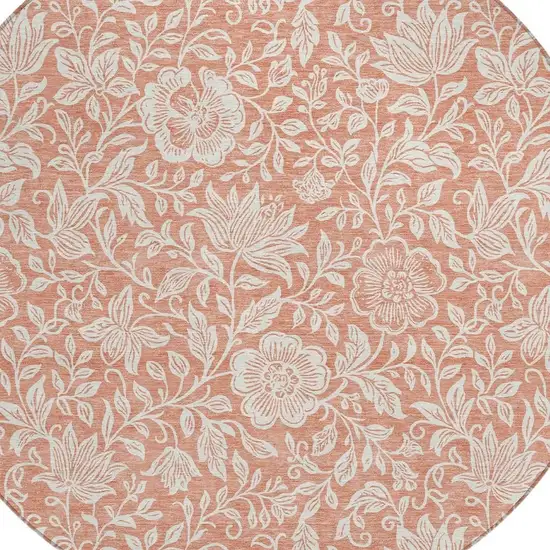 8' Salmon And Ivory Round Floral Washable Indoor Outdoor Area Rug Photo 2