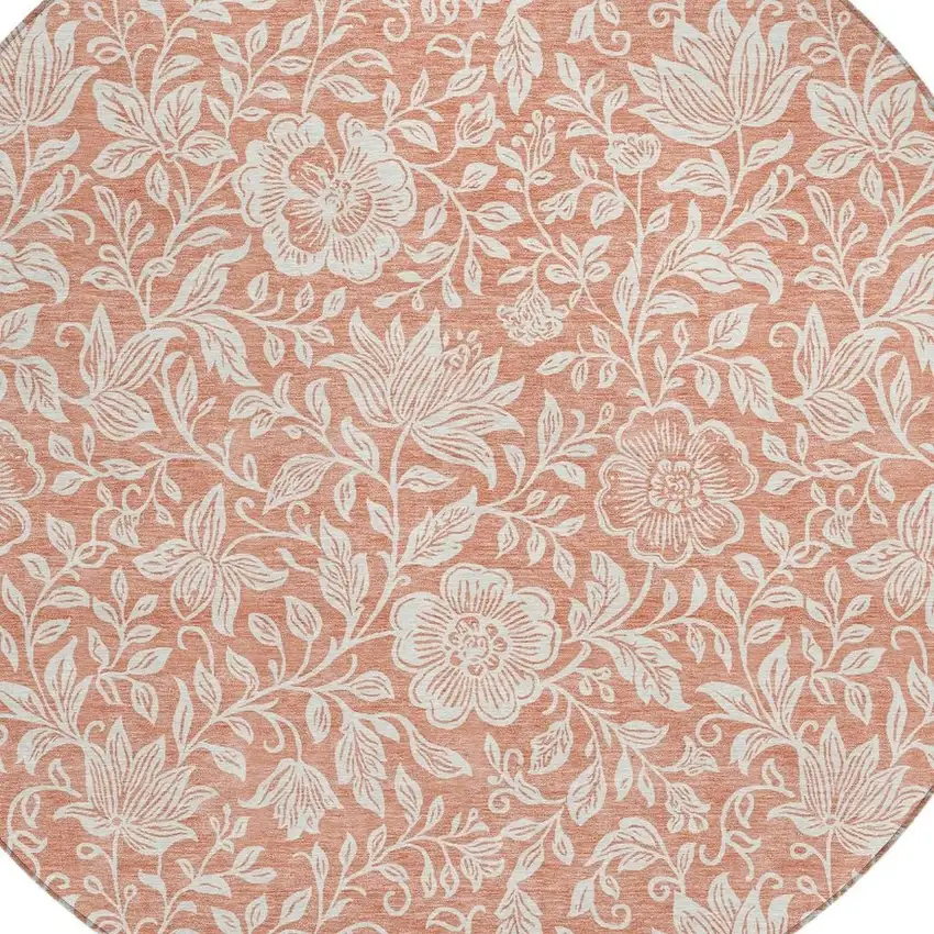 8' Salmon And Ivory Round Floral Washable Indoor Outdoor Area Rug Photo 2