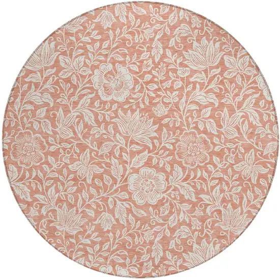 8' Salmon And Ivory Round Floral Washable Indoor Outdoor Area Rug Photo 1