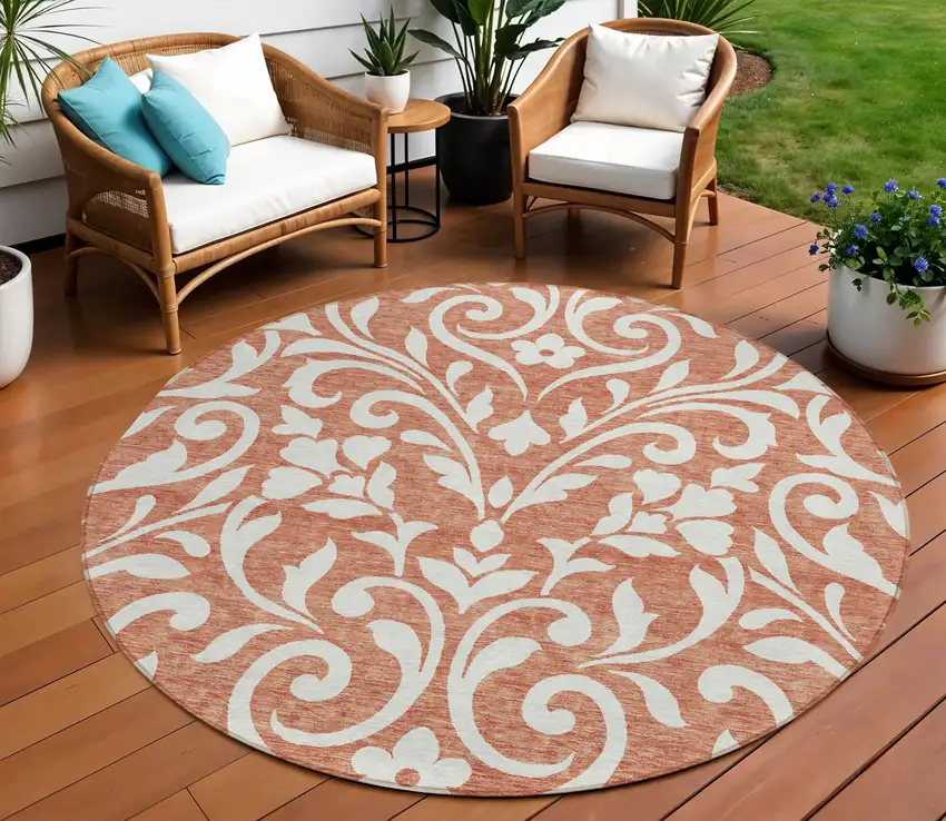 8' Salmon And Ivory Round Floral Washable Indoor Outdoor Area Rug Photo 1