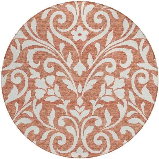 8' Salmon And Ivory Round Floral Washable Indoor Outdoor Area Rug Photo 2