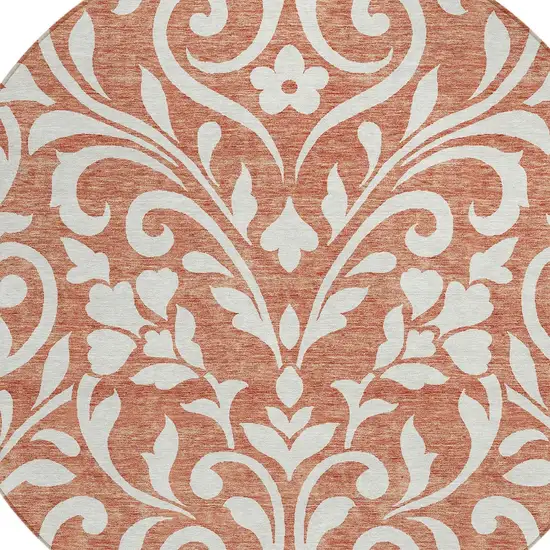 8' Salmon And Ivory Round Floral Washable Indoor Outdoor Area Rug Photo 4
