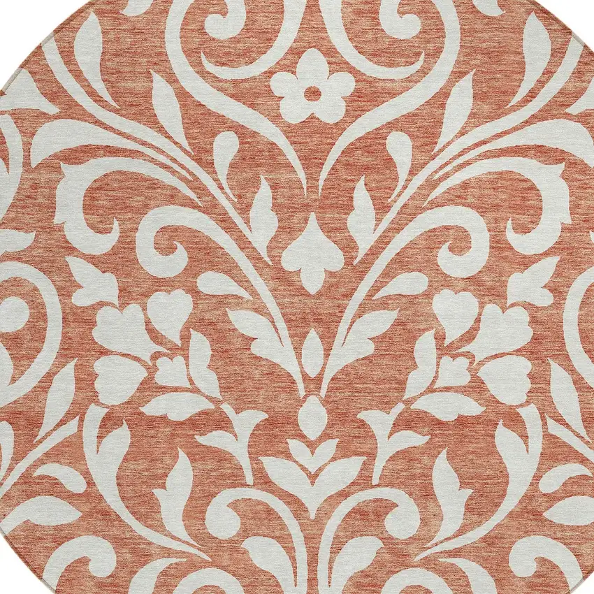 8' Salmon And Ivory Round Floral Washable Indoor Outdoor Area Rug Photo 4