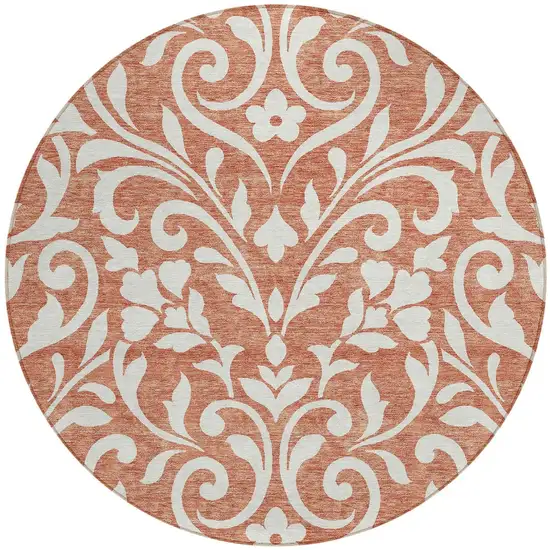 8' Salmon And Ivory Round Floral Washable Indoor Outdoor Area Rug Photo 5