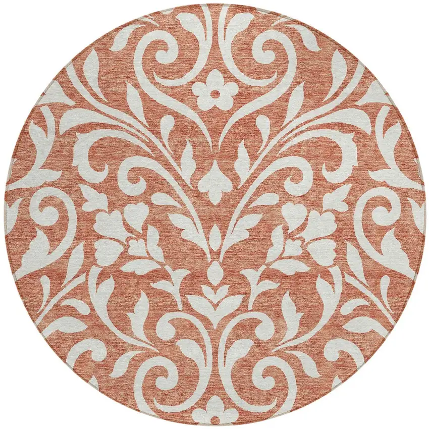 8' Salmon And Ivory Round Floral Washable Indoor Outdoor Area Rug Photo 5