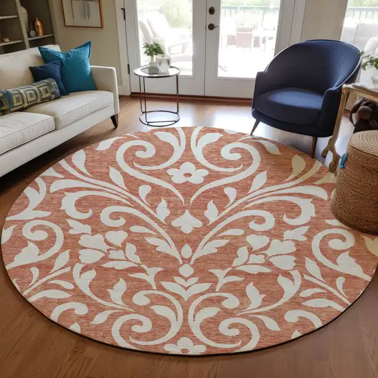 8' Salmon And Ivory Round Floral Washable Indoor Outdoor Area Rug Photo 7