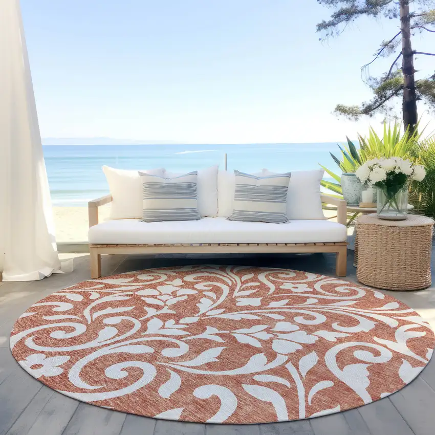 8' Salmon And Ivory Round Floral Washable Indoor Outdoor Area Rug Photo 6