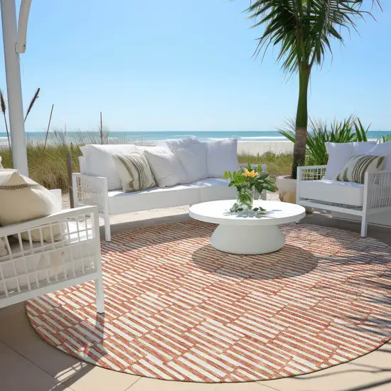8' Salmon And Ivory Round Geometric Washable Indoor Outdoor Area Rug Photo 7