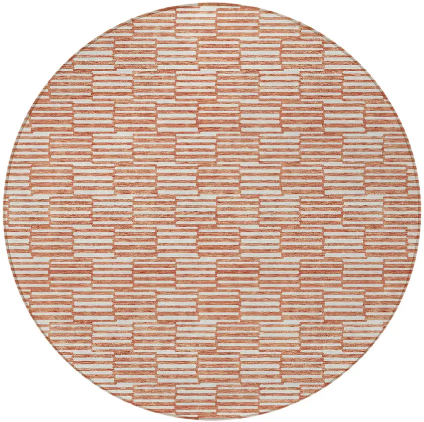 8' Salmon And Ivory Round Geometric Washable Indoor Outdoor Area Rug Photo 6