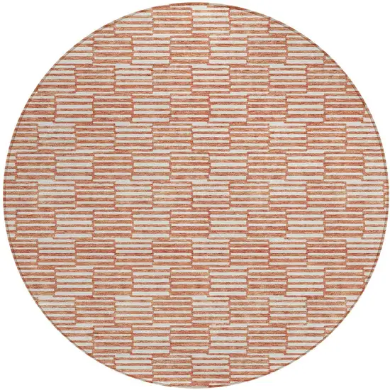 8' Salmon And Ivory Round Geometric Washable Indoor Outdoor Area Rug Photo 5