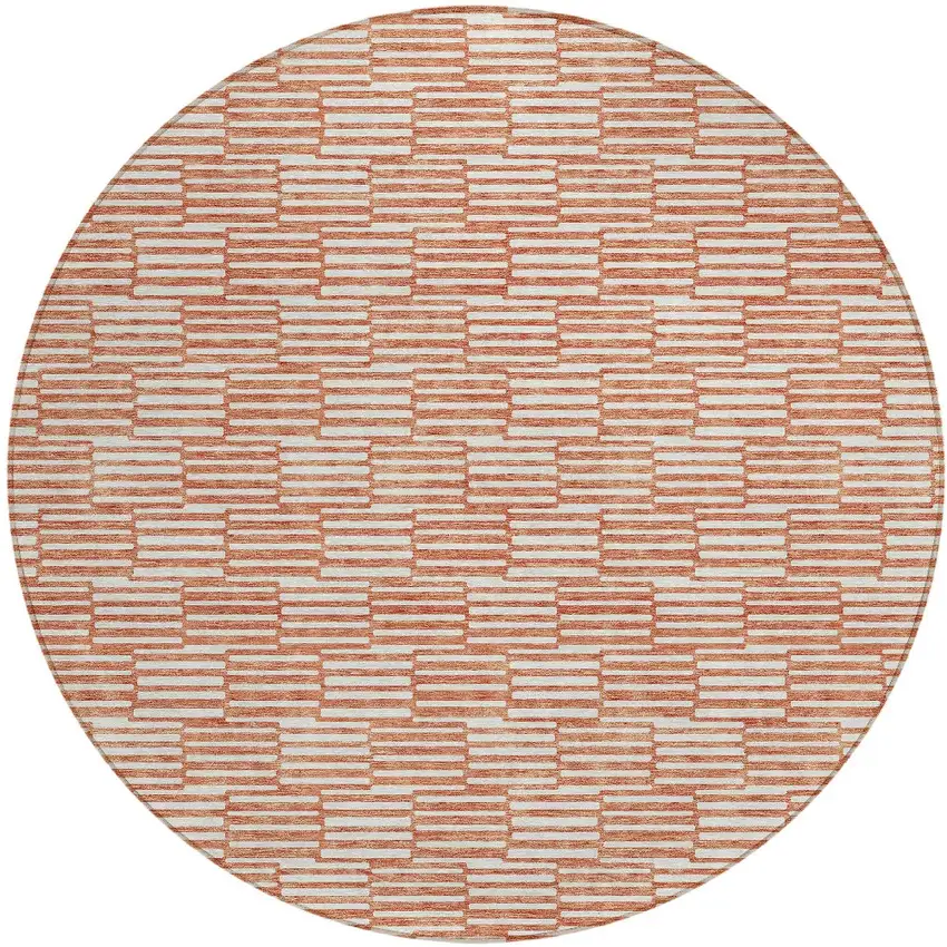8' Salmon And Ivory Round Geometric Washable Indoor Outdoor Area Rug Photo 5
