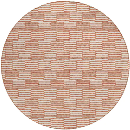 8' Salmon And Ivory Round Geometric Washable Indoor Outdoor Area Rug Photo 2