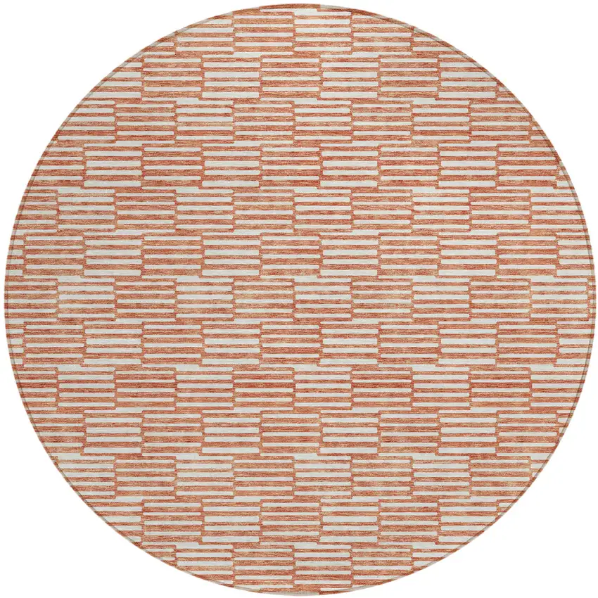 8' Salmon And Ivory Round Geometric Washable Indoor Outdoor Area Rug Photo 2