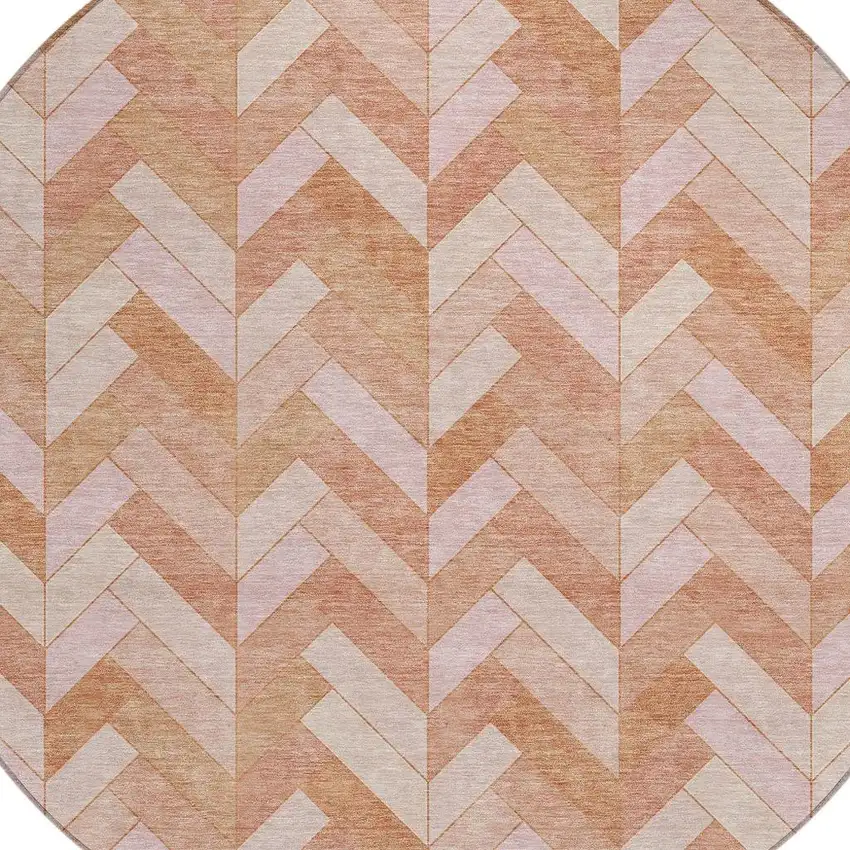 8' Salmon And Ivory Round Geometric Washable Indoor Outdoor Area Rug Photo 5