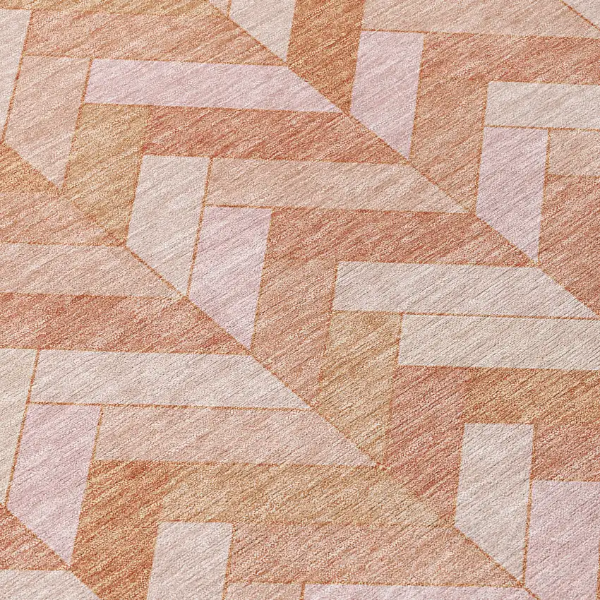 8' Salmon And Ivory Round Geometric Washable Indoor Outdoor Area Rug Photo 8