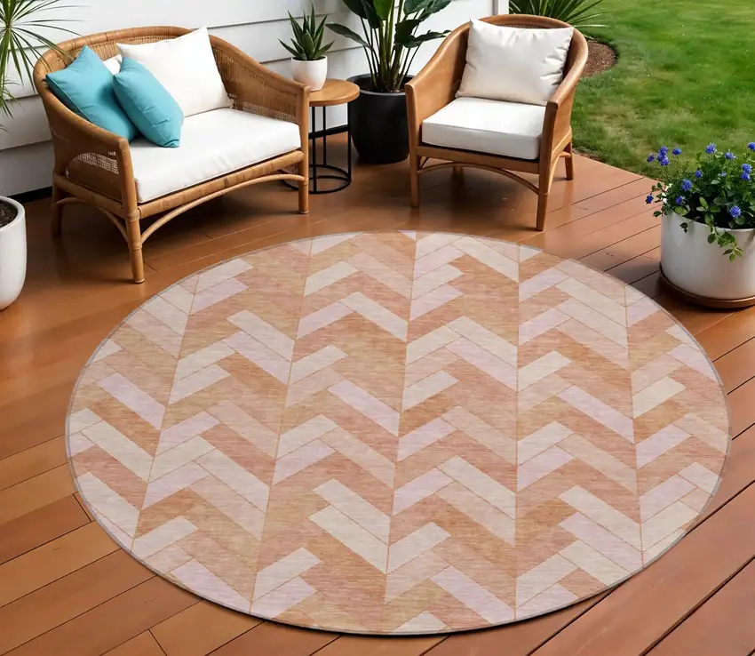 8' Salmon And Ivory Round Geometric Washable Indoor Outdoor Area Rug Photo 1