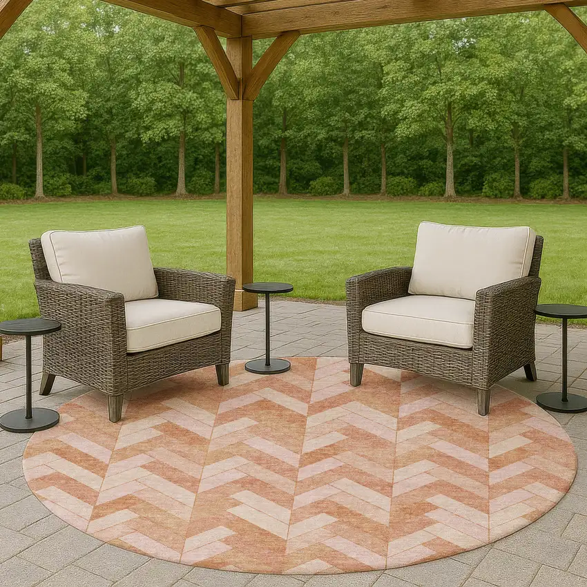 8' Salmon And Ivory Round Geometric Washable Indoor Outdoor Area Rug Photo 8