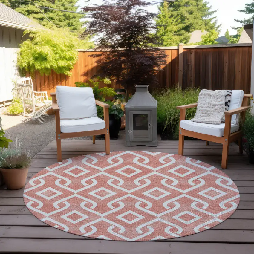 8' Salmon And Ivory Round Geometric Washable Indoor Outdoor Area Rug Photo 6