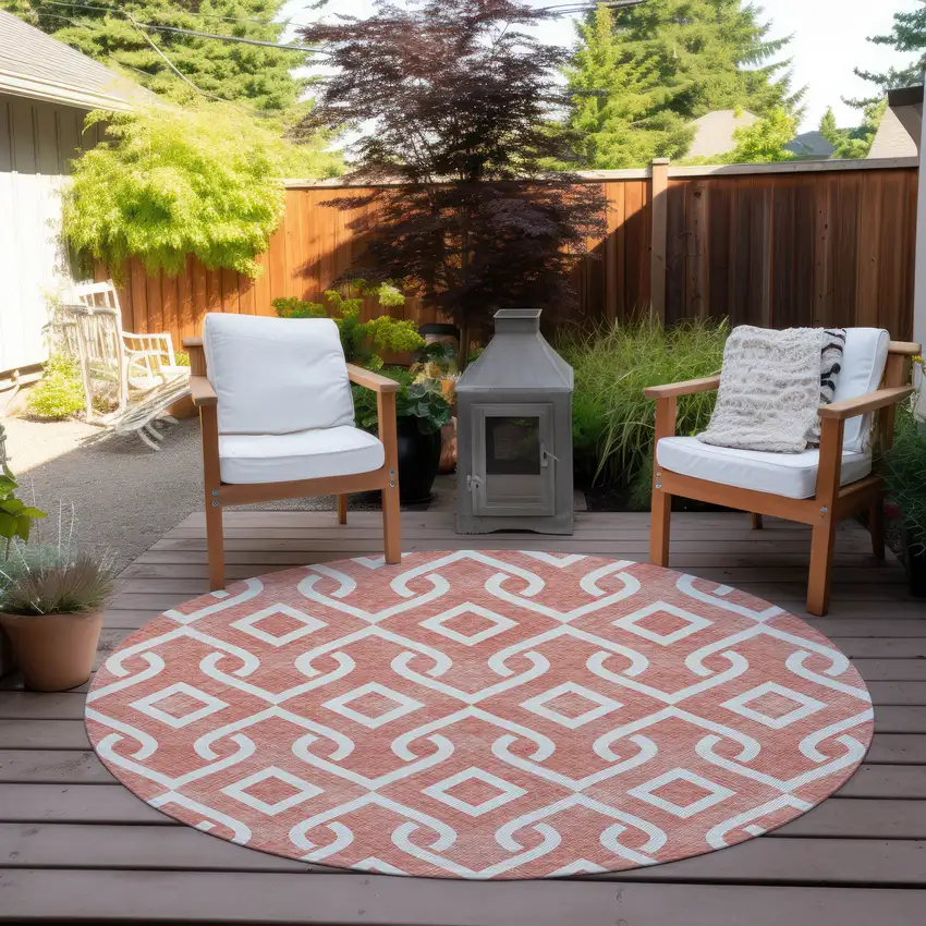 8' Salmon And Ivory Round Geometric Washable Indoor Outdoor Area Rug Photo 6