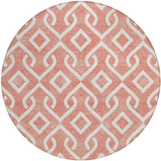 8' Salmon And Ivory Round Geometric Washable Indoor Outdoor Area Rug Photo 2