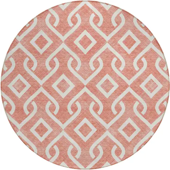 8' Salmon And Ivory Round Geometric Washable Indoor Outdoor Area Rug Photo 2