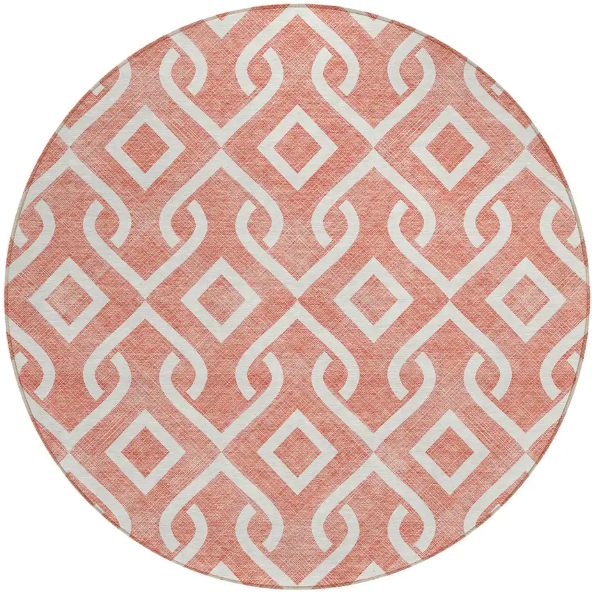 8' Salmon And Ivory Round Geometric Washable Indoor Outdoor Area Rug Photo 2