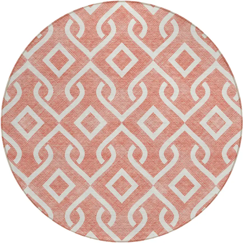 8' Salmon And Ivory Round Geometric Washable Indoor Outdoor Area Rug Photo 2