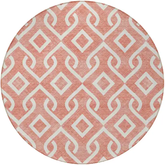 8' Salmon And Ivory Round Geometric Washable Indoor Outdoor Area Rug Photo 5