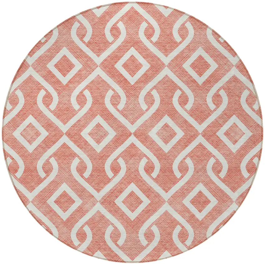 8' Salmon And Ivory Round Geometric Washable Indoor Outdoor Area Rug Photo 5