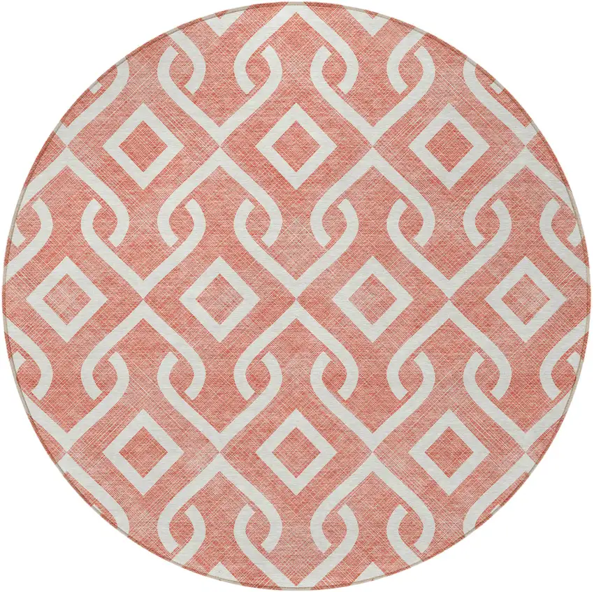 8' Salmon And Ivory Round Geometric Washable Indoor Outdoor Area Rug Photo 5